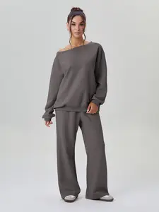 Women's Casual Plain Asymmetrical Neck Long Sleeve Top, Wide Leg Pants Set, Fashionable for Daily Wear, Comfortable Fit