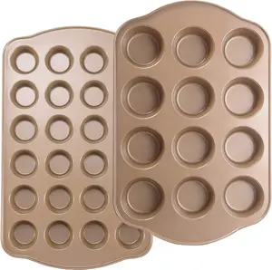 Nonstick Muffin & Cupcake Pan Set (2 Pack) - 12 Cup Regular + 24 Cup Mini Muffin Tins, Heavy Duty Gold Carbon Steel, Rust-Resistant, Easy Release