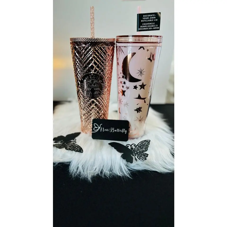 2023 Christmas Collection AUTHENTIC NEW STARBUCKS Moon and Stars Cold Cup Tumbler and Rose Gold Jeweled Set Limited Edition Holiday Tumblers