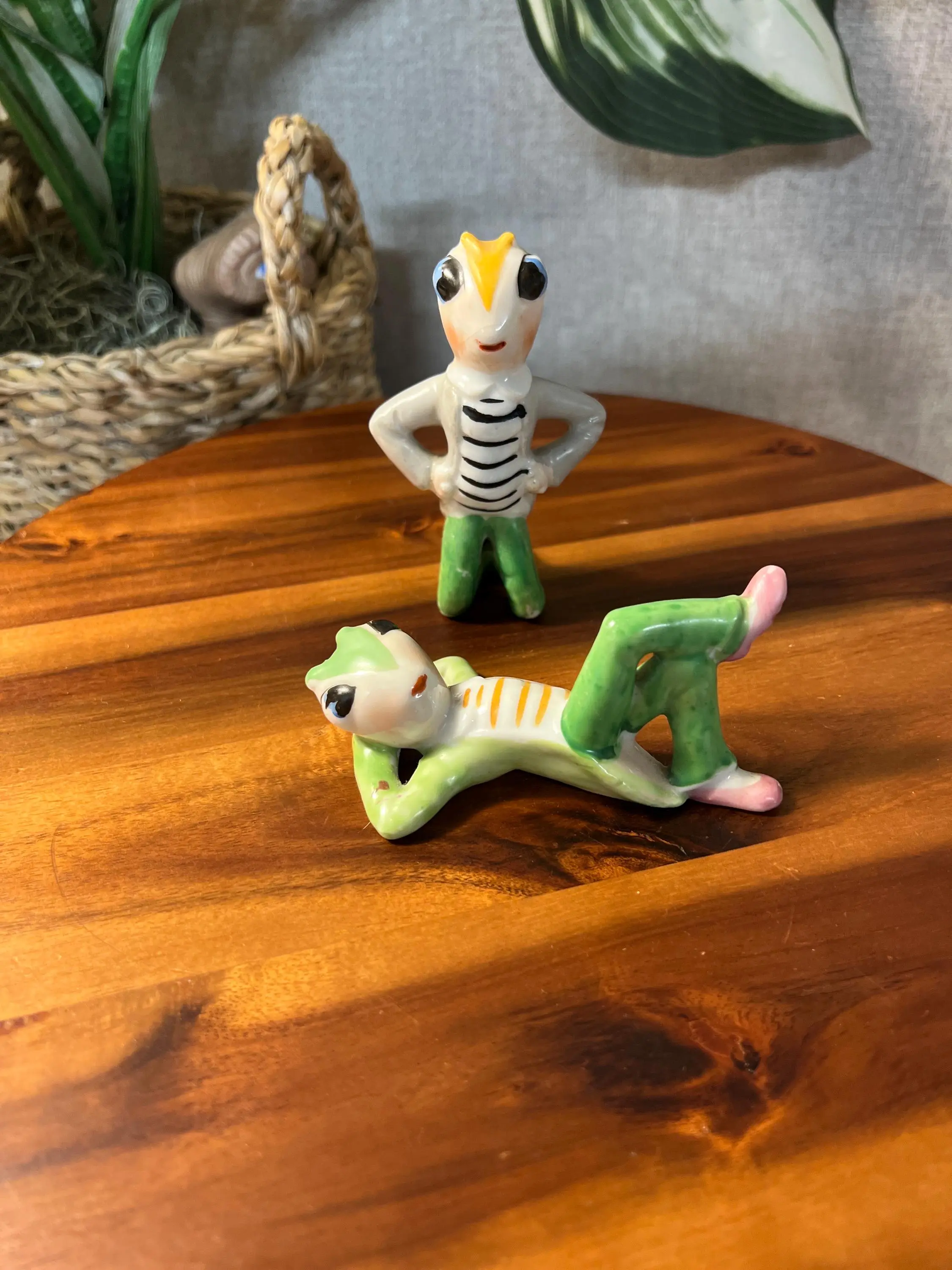 Vintage Japan Set of 2 Anthropomorphic Cricket  Bugs Insect Figurine Green & Gold