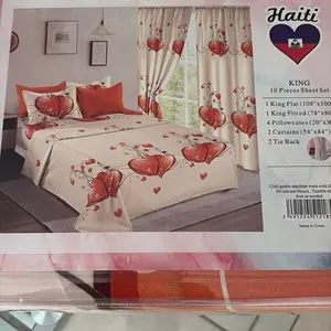 King 10 Pieces Sheet Set with Curtains - Heart Design