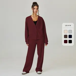 Women's Slouchy Solid Color V Neck Long Sleeve Button Cardigan & Drawstring Waist Trousers Co-ord, Soft Two Piece Outfits for Fall & Winter (CN)