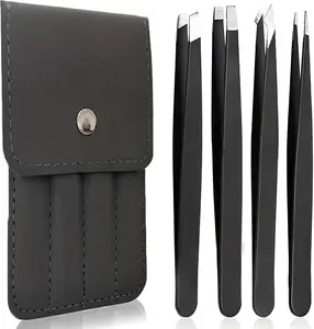 Tweezers Set 4 in 1 Pack l Professional Stainless Steel Tweezers for Eyebrows Makeup Compact