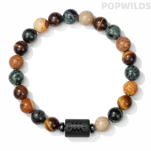 Zodiac Tiger Eye Beaded Bracelet for Women Men, Astrology Stretch Stone Bracelet with Horoscope Charm Design, Spiritual Crystal Inspired Jewelry for Daily Wear, Layering & Birthday Gift Giving, Trendy Unisex Accessories