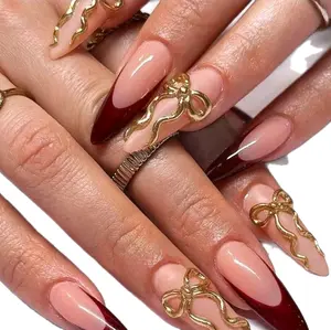 Nail Art Decoration 3D Bow Almond Shaped Nails - 24pcs with French Tip, Elegant Design for Versatile Nail Styling