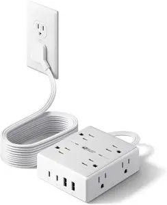 10Ft Extension Cord with Multiple Outlets, Flat Plug Surge Protector Power Strip 10 Ft Long Cord, 8 Outlets & 4 USB Ports (2 USB C), Desk Charging Station for Home Office, College Dorm Room Essentials