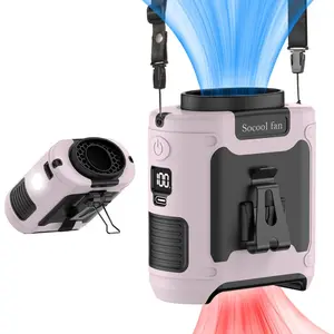 Socool 10000mah portable waist fan clip on wearable belt personal fan rechargeable battery operated with 5 speeds flashlight neck handsfree 40h cooling for outdoor travel camping power bank pink