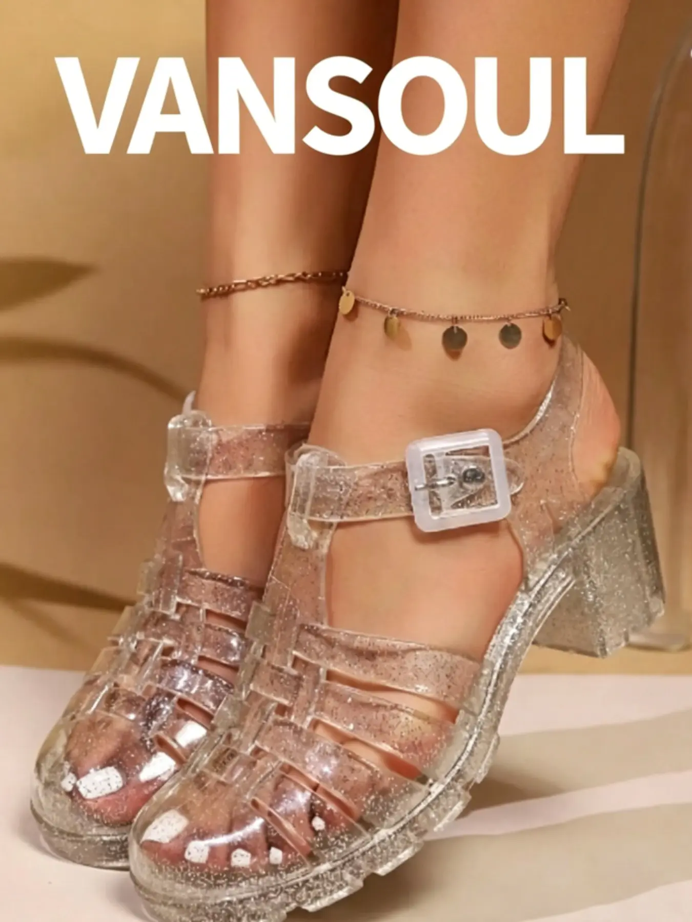 Vansoul Beach Shoes, Sparkly Crystal Jelly Sandals, Hollow Out Roman Slippers, Thick Sole Summer Footwear for Women, Student Shoes, High Platform Sandals, Fashionable Comfy Sandals