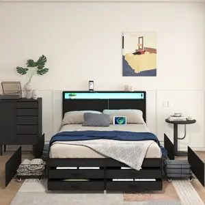 Twin/Full/Queen Size Bed Frame with 8 Storage Drawers, LED Headboard with Charging Station, Metal Platform Bed Frame, No Box Spring Needed, Noise-Free, Stable and Solid, BLACK
