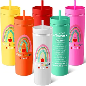 Willinglong 6 Pcs Teacher Appreciation Gifts Bulk Thank You Gifts for Teachers 16 oz Plastic Skinny Tumblers with Lid Straw for Teachers Week Graduation End of Year Office School Office (6 Colors)