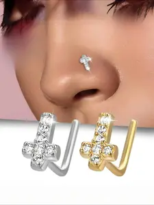 1pc S925 Silver Nose Stud with Cross Design, Hypoallergenic Faux Body Piercing Jewelry, Vintage Elegant Style, Cubic Zirconia Embellished,   Wedding Season Accessory, Cute Nose Piercing, Nose Ring Jewelry