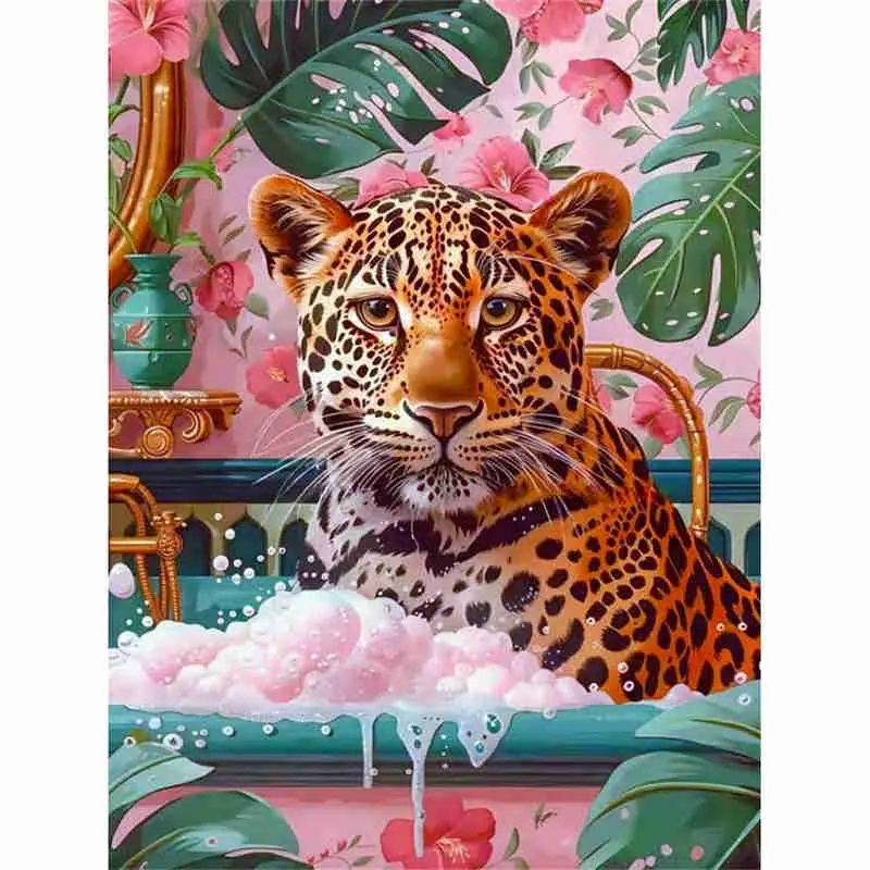 5D Full Drill Diamond Painting Kit - Chic Leopard in Bubble Bath, Tropical Jungle Bathroom Scene with Pink Floral Wallpaper, Retro Exotic Art Style, Round Acrylic Diamonds, Diamond Pattern Design, Animal & Fashion DIY Art for Home Wall Decor
