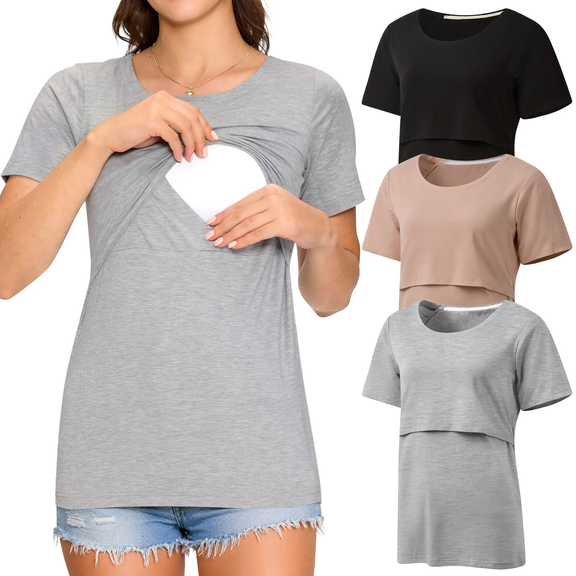 3 Pack Women's Nursing Tops, Breastfeeding Shirts Short Sleeve, Double Layer Maternity Clothes
