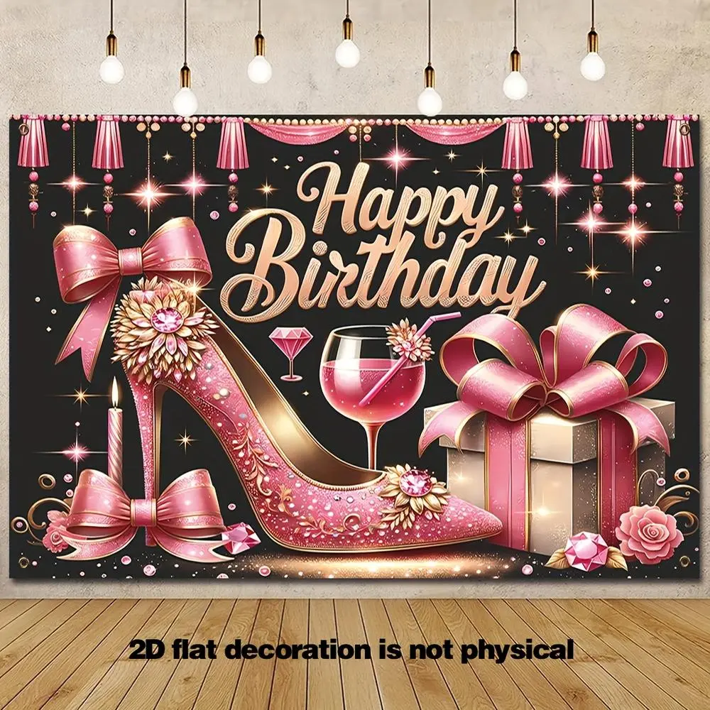 2D Flat Glitter Print Rose Gold Polyester Photography Backdrop Banner (cm) - Festive Party Decoration with Rose Motif, Sparkling Sequin High Heels, Champagne Glass, Ideal for Women’s Birthday,summerwins