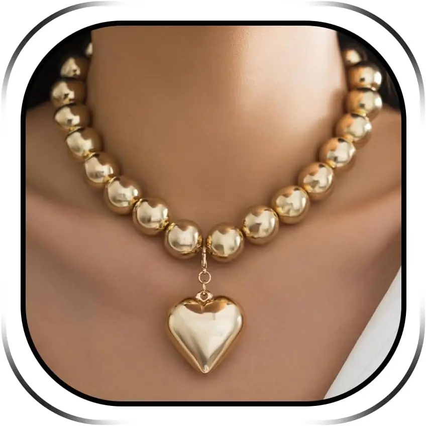 Women's Chunky Gold Heart Charm Necklace - Polished Irregular Charm, Chunky Beaded Statement Ball Chain with Large Beads, Gold Aesthetic Gift-Ready Fashion Costume Jewelry, Chunky Beaded Necklaces, Polished Finish