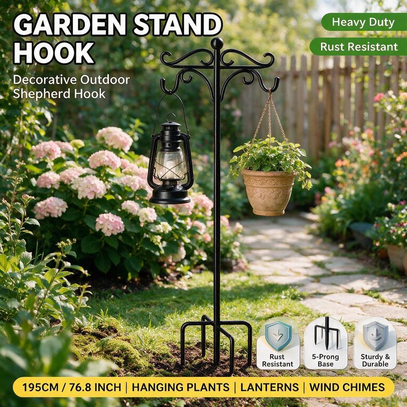 2-Pack Rust-Resistant Steel Double Shepherd Hooks, 76in Heavy-Duty Outdoor Garden Hanging Stand with 5-Prong Base, Adjustable Height Pole for Solar Outdoor Lights, Bird Feeders