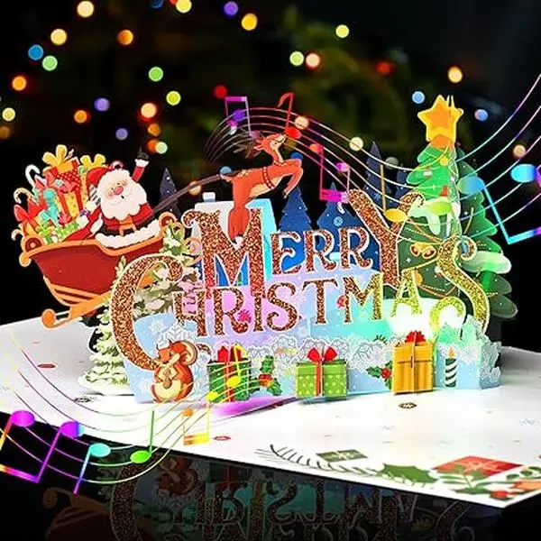Merry Christmas Cards, Light and Music Christmas Card, 3D Pop Up Christmas Greeting Card for Women Men Kids Husband Wife Mom Dad Daughter