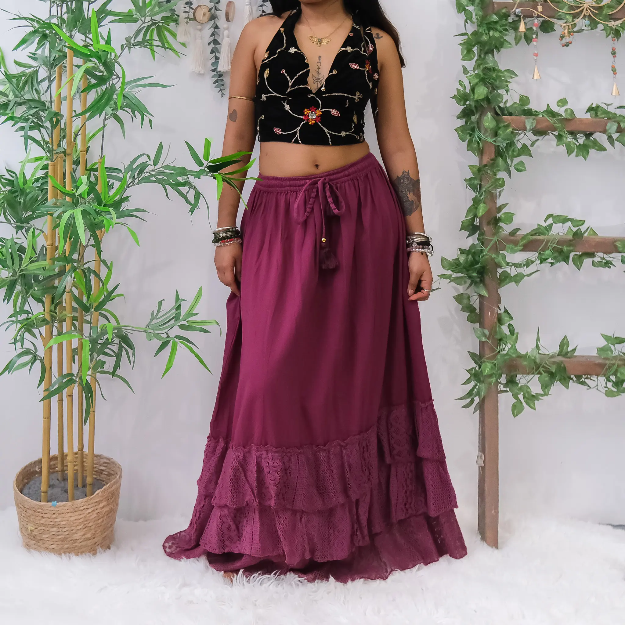 Boho Lace Tiered Maxi Skirt for Women,Cotton Skirt with  Lace Hem, Fairy Cottagecore Festival Hippie Skirt, Bohemian Layered Ruffle Skirt