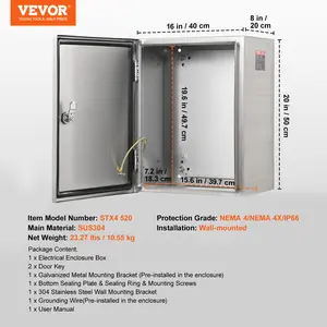 VEVOR Steel Electrical Box, 20x 16x 8, 304 Stainless Steel Electrical Enclosure Box, Wall-Mounted Outdoor Electrical Electronic Equipment Enclosure with Mounting Plate Hinges Lock, IP66 Waterproof