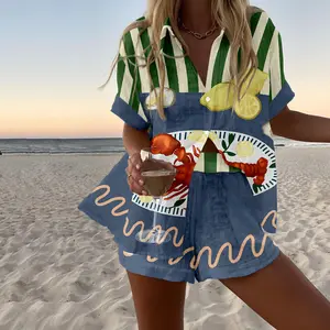 Lemon Shrimp Print Shirt Set, Comfy two-piece set, Summer vacation style, Casual style women's clothing, Mediterranean Pop Style Prints