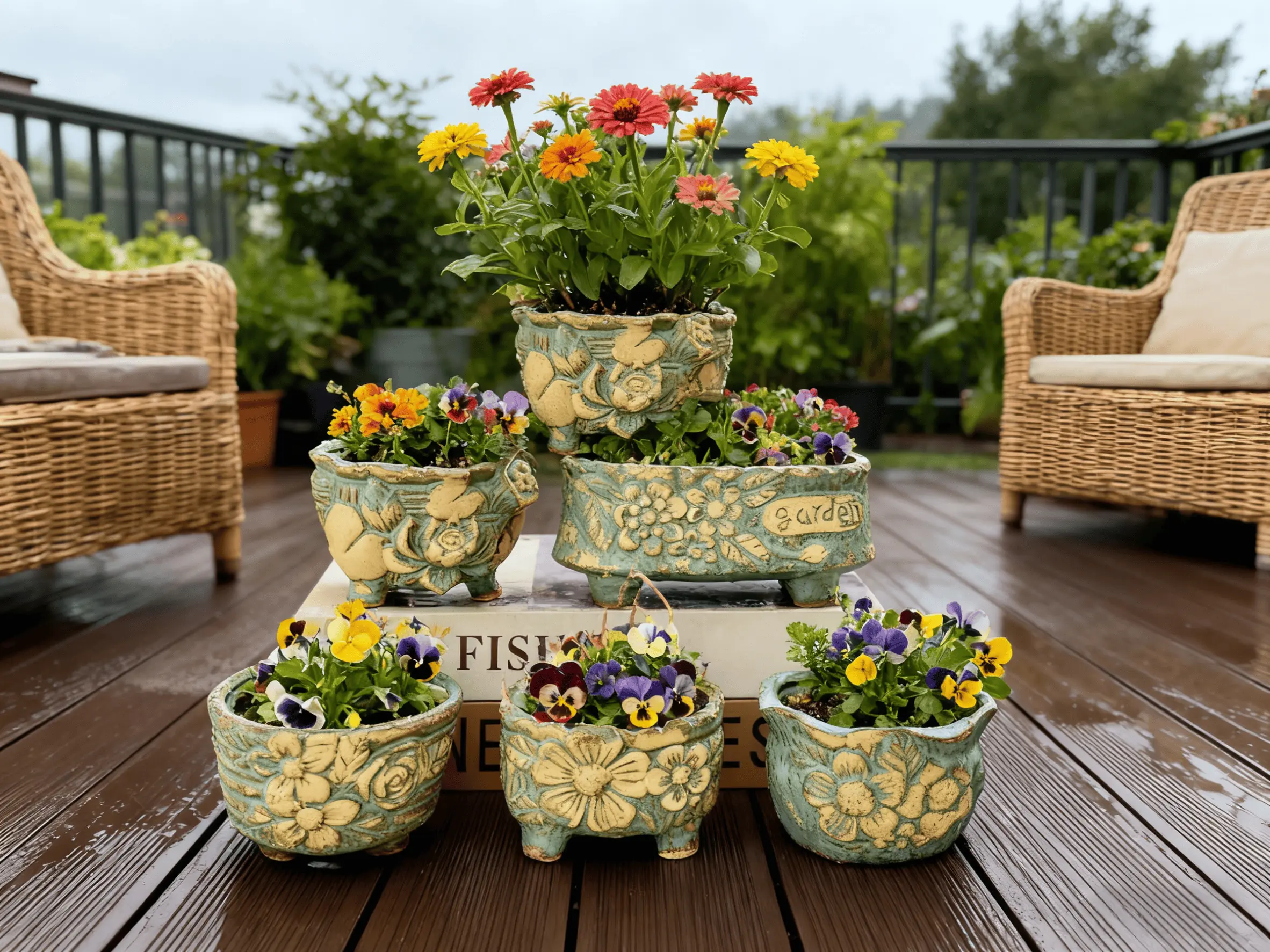 5-Pack Vintage Green Glaze 3D Flower Embossed Ceramic Light-Glazed Flower Pots - Footed Base, Perfect For Geraniums/Pansies/Succulents, Rustic Indoor Outdoor Garden Decor Planters