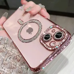 For iPhone 14 15 Pro Max Luxury Crystal Diamond Clear Case For iPhone 15 11 12 13 14 Pro Max Plus Bling Sparkly Magsafe Magnetic Wireless Charging Cover