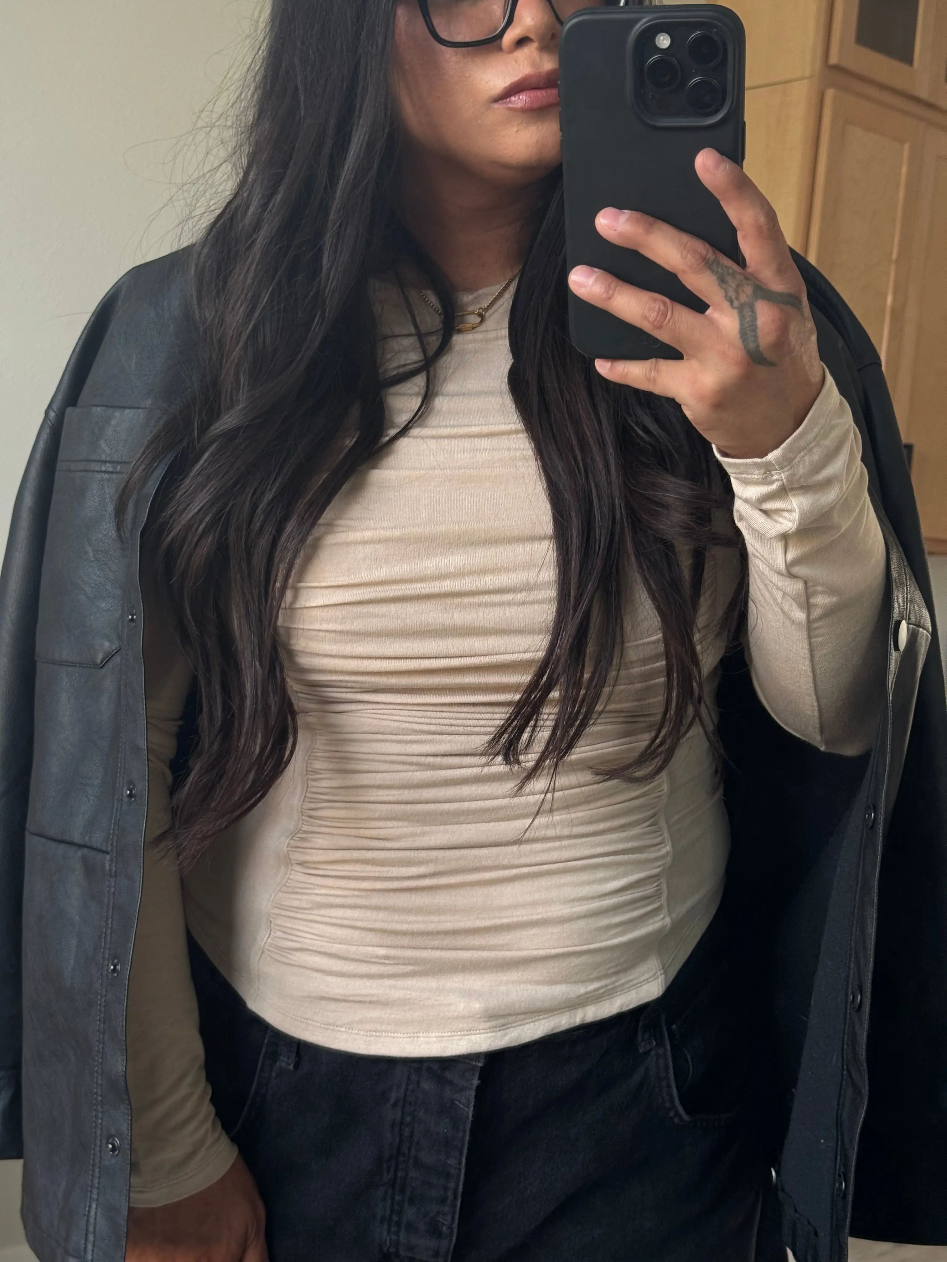 Mustard Seed - Tan Ruched Long Sleeve Top