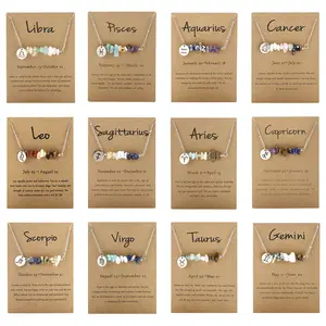 Bohemian Style Twelve Zodiac Pendant Necklace paired with natural stone beads — a versatile, fashionable women’s accessory and a perfect gift for stargazing enthusiasts; suitable for Halloween, Christmas, Thanksgiving, and New Year gifts.