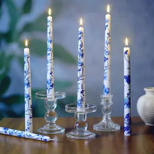 10" Long Taper Chinoiserie Porcelain Candlesticks Dripless Bridal Wedding Shower Candle Blue White Decorations Unscented Taper Candles for Party Gift Home Decor