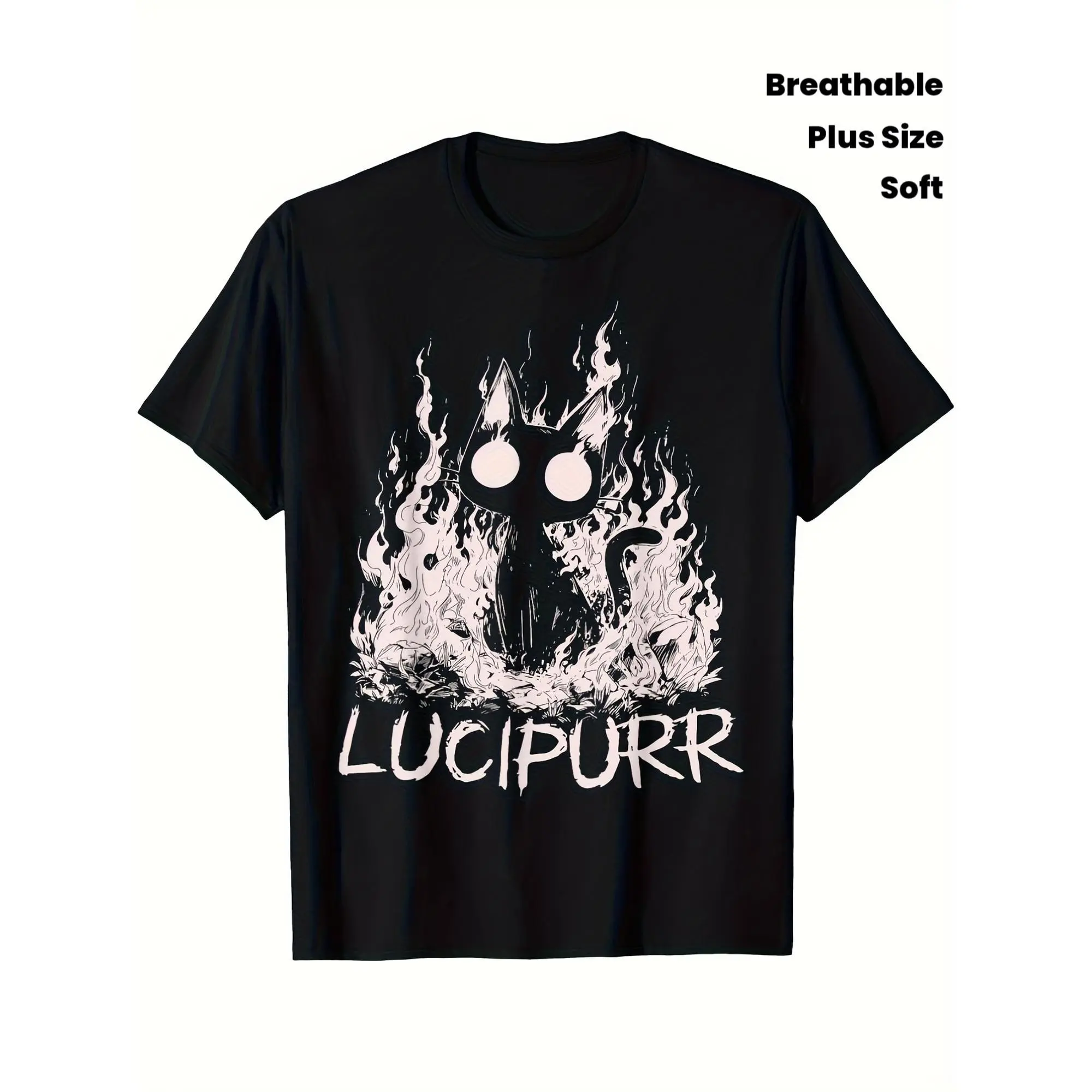 Men'S Plus Size Vintage Gothic Lucipurr Cat with Flames Graphic T-Shirt - Soft Breathable Crewneck Tee, Black & White Gothic Lettering & Lucipurr Design