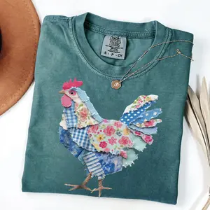 Comfort Colors Vintage Easter Faux Patchwork Chicken Graphic Shirt, Rustic Farmhouse Hen Spring Tee, Country Style Easter Outfit Gift for Women, Printed Shirt