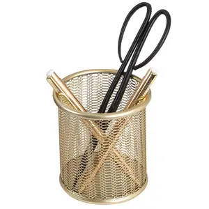 BLU MONACO Gold Pen Holder for Desk - Gold Pen & Pencil Cup - Brush Holder with Metal Mesh Design - 3.875"x 3.625"Top x 3" Inside