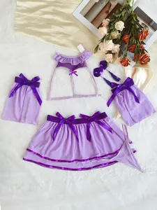 Sexy Women's Mesh Costume Set Without Steel Cup, Top + Skirt + Bra Pads X2 + Sleeves X2 + Underwear, Role Play, Bow Accents，baddie pajamas shorts，college pjs，rave outfit，house dress