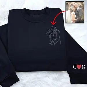 Custom Embroidered Line Art Portrait Sweatshirt, Personalized Sketch Sweatshirt with Couple Outline & Initials, Unique Photo to Embroidery Gift