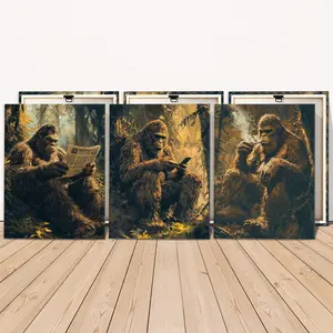 3 Counts Wooden Framed Canvas Painting, Canvas Prints, Relaxing Forest Bigfoot Reading Phone Smoking Images, Exquisite Poster, Perfect Living Room Decoration, Modern Art, Fashion Family Poster, Wall Art Decoration, Waterproof Art