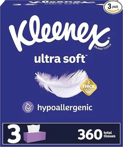 Kleenex Ultra Soft Facial Tissues, 3 Flat Boxes, 120 Tissues per Box, 3-Ply (360 Total Tissues), Packaging May Vary