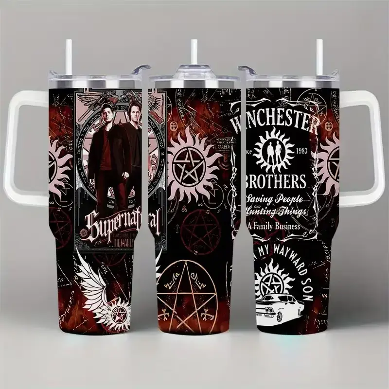 Supernatural 40oz Tumbler with Handle - Winchester Brothers Saving People Hunting Things Travel Mug - Dean & Sam Winchester Fan Gift - Anti-Possession Symbol Insulated Stainless Steel Cup - Carry On Wayward Son Aesthetic