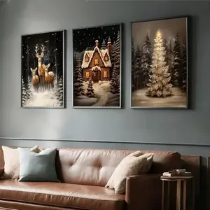 3pcs Christmas Reindeer Canvas Art with Wooden Frame, Rustic House Decor for Indoor Outdoor, Cozy Winter Holiday Door Hanging