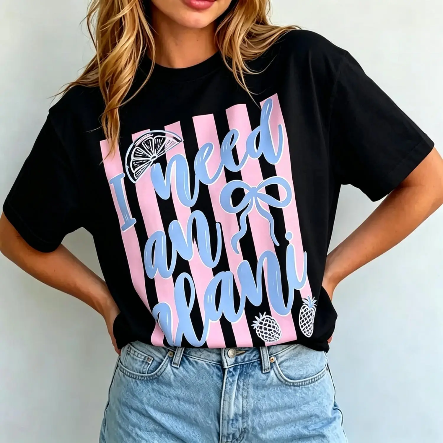 Trendy "I Need An Alani" T-Shirt Energy Drink Vibe Top Alani Energy Lover Tee Pink & Blue Striped Casual Top