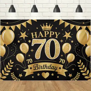 1pc 2D Black Gold Luxury 70th Happy Birthday Backdrop Banner, Glitter Number & Crown Elements, Dignified & Elegant Style, Perfect for 70th Birthday Banquet, Elder's Birthday Celebration, Family Gathering Decor, Photo Booth Prop
