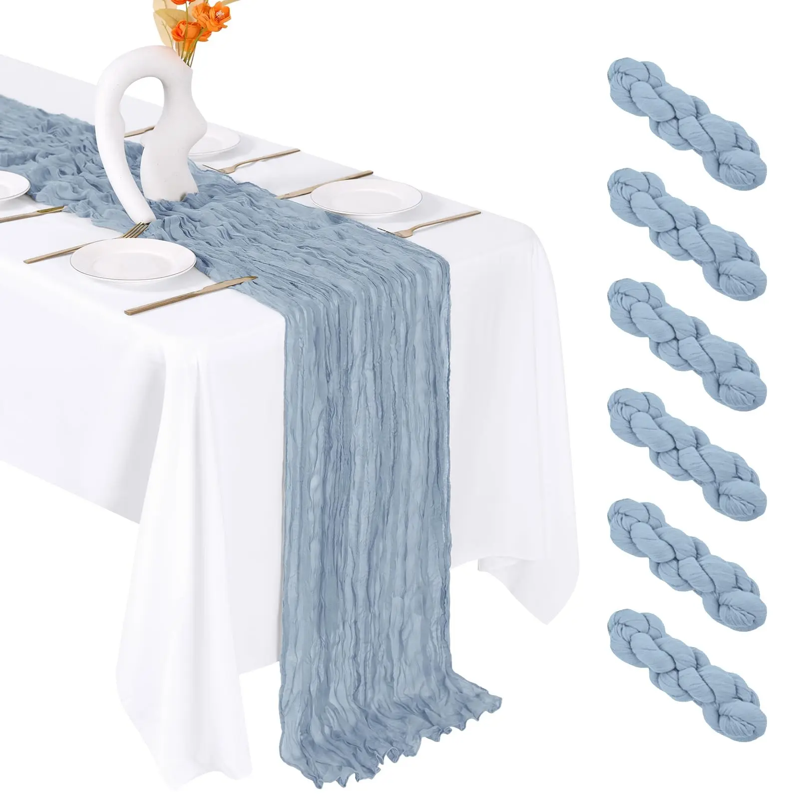 6 Pack Crinkled Texture Cheesecloth Table Runner - Chiffon Fabric Rectangle, Soft Sheer Gauze Rustic Decor, Beautifully Drapes Over Tables for Family Wedding Receptions, Outdoor Garden Parties