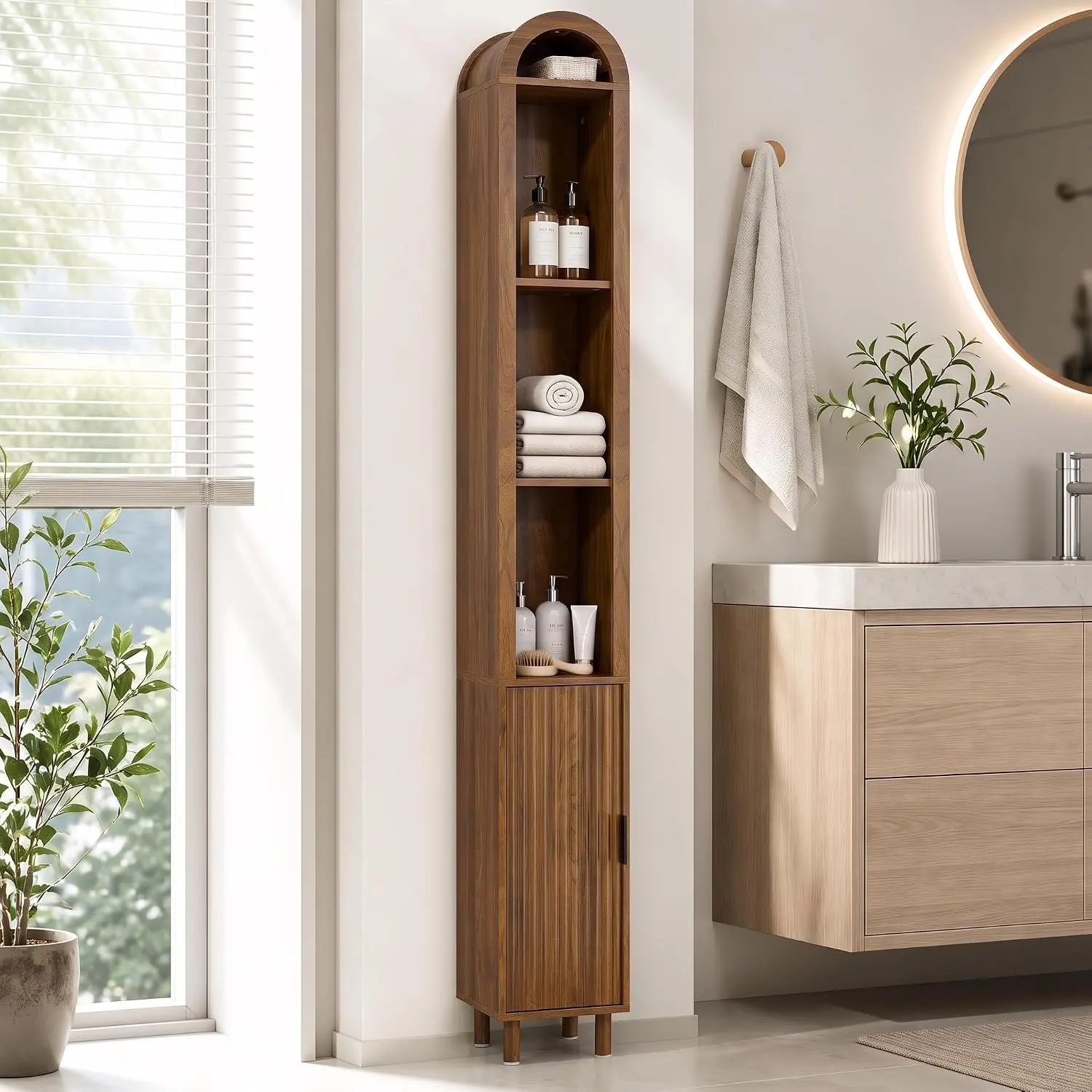 Narrow Bathroom Storage Cabinet, Tall Arched Small Wood Cabinet, Slim | Skinny Mid Century Modern Towel Cabinet, Fluted Doors, 4 Tier Shelves, Wooden Display Cabinet for Living Dining Room