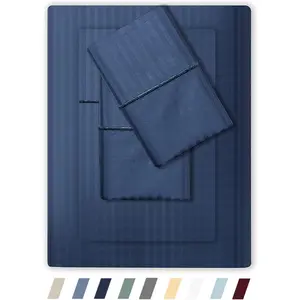 Feather & Stitch 500 TC California King Size Damask Bed Sheet Set, 100% Cotton Soft Breathable Bedsheets, 4 Piece 18" Deep Pockets Sateen Weave Striped Bedding Mattress Resort Hotel- Dark Blue