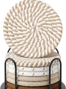 Coasters Set of 8 for Drinks, Beer, Coffee, Cotton Woven 4 Colors Absorbent Coaster with Holder, Boho Coasters for Home Decor Tabletop Protection Suitable for Kinds of Cups, Coffee