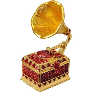 Vintage Gramophone Trinket Box, Gold Plated Crystal Phonograph Model Jewelry Box, Decorative Treasure Box, Giftable Souvenir for All Ages