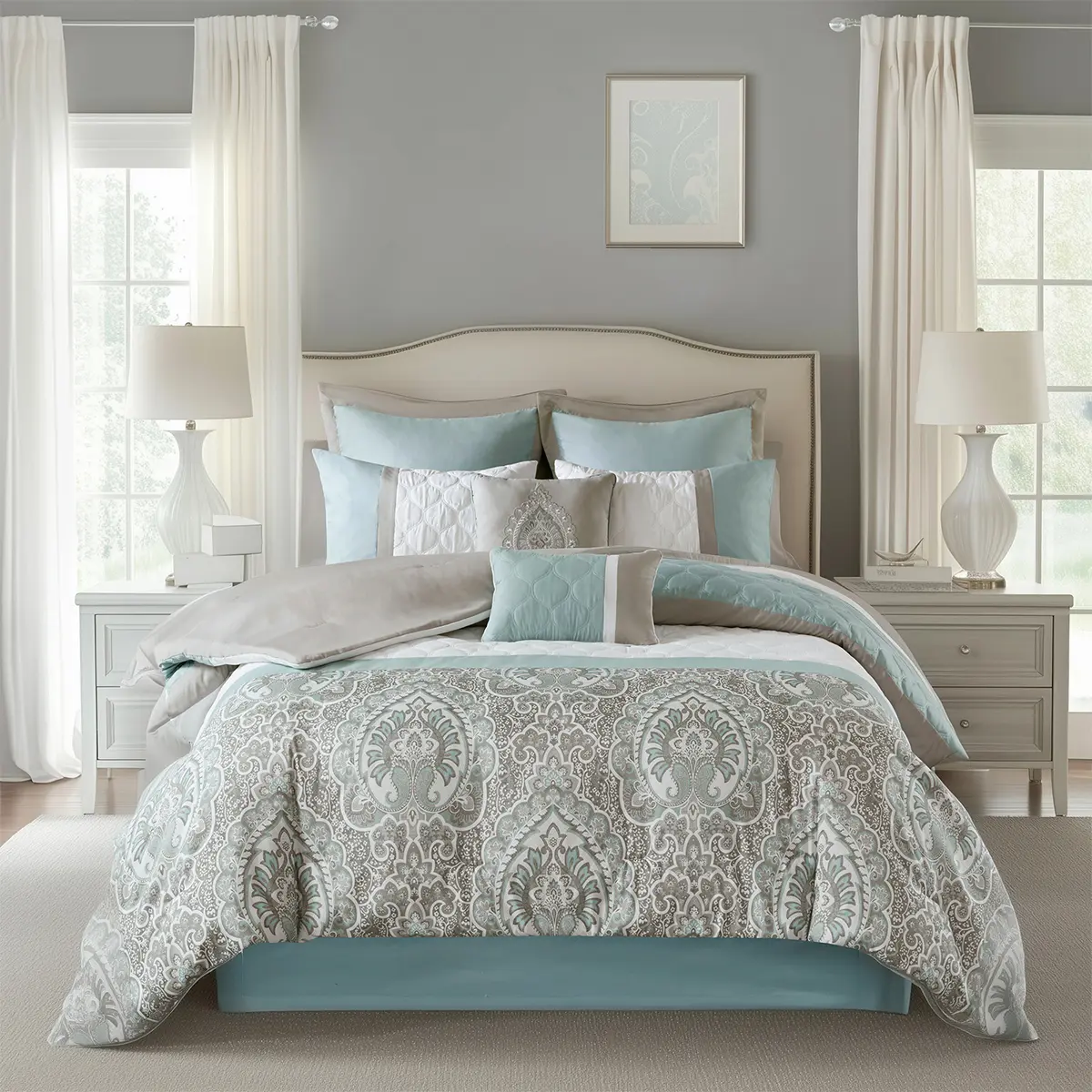 Luxe 8 Piece Comforter Set - Transitional Design with Pieced Quilted Details, Partial Damask Print, Microfiber Comforter & Shams, Embroidery Detail, All Seasons