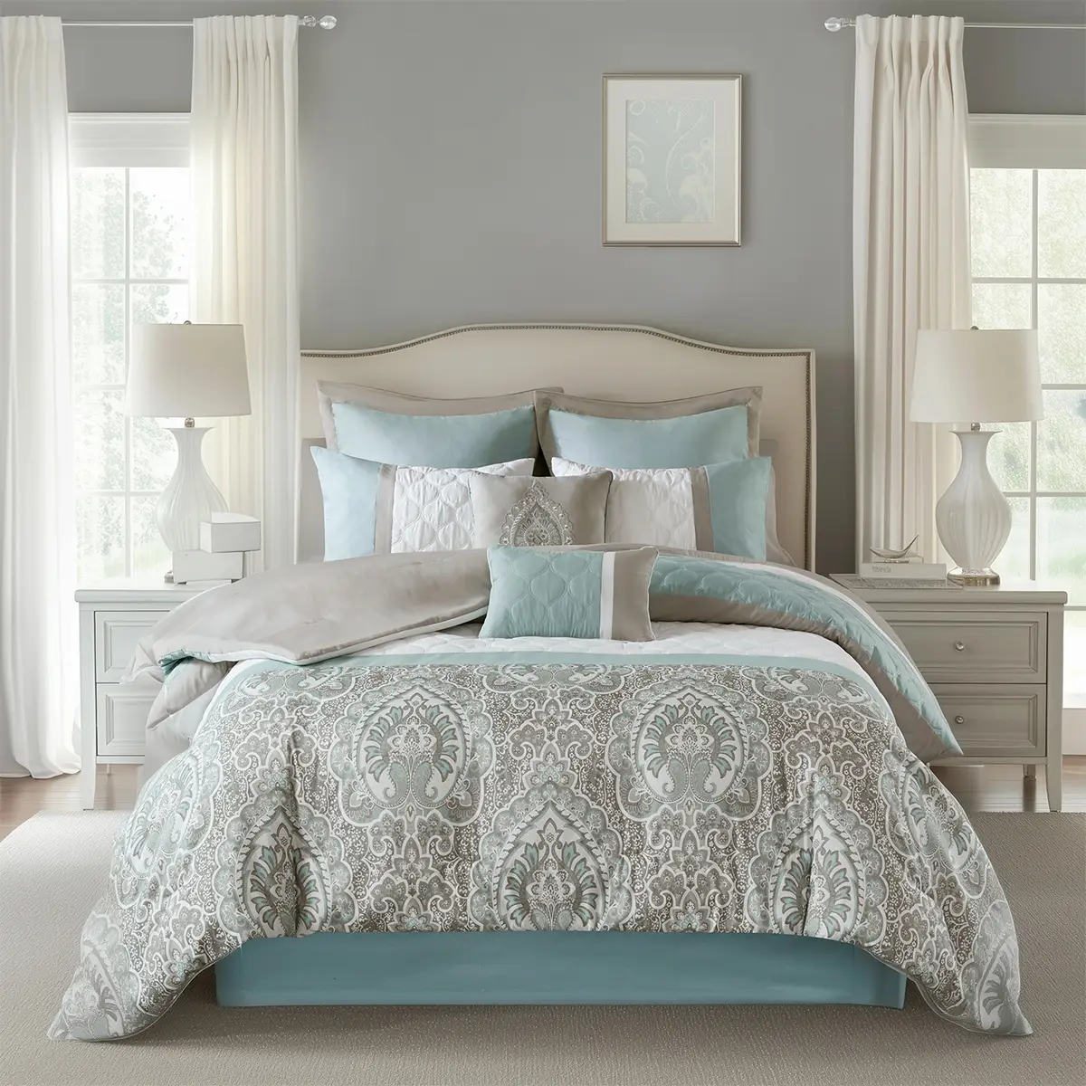 Luxe 8 Piece Comforter Set - Transitional Design with Pieced Quilted Details, Partial Damask Print, Microfiber Comforter & Shams, Embroidery Detail, A