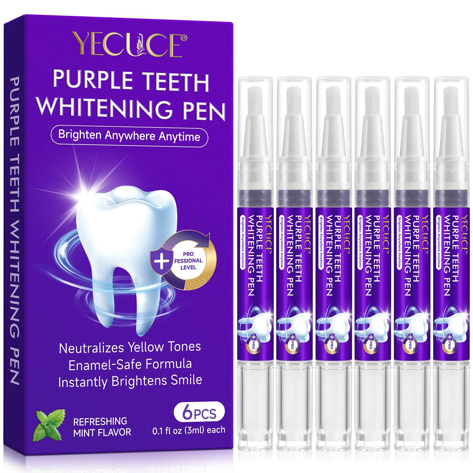YECUCE Purple Teeth Whitening Pen 6p, Instant Yellow Stain Removal for Bright White Teeth, Yellow-Brightening Whitening Pen, Apply-On Teeth Pen, Say Goodbye to Yellow Stains for a Radiant Smile