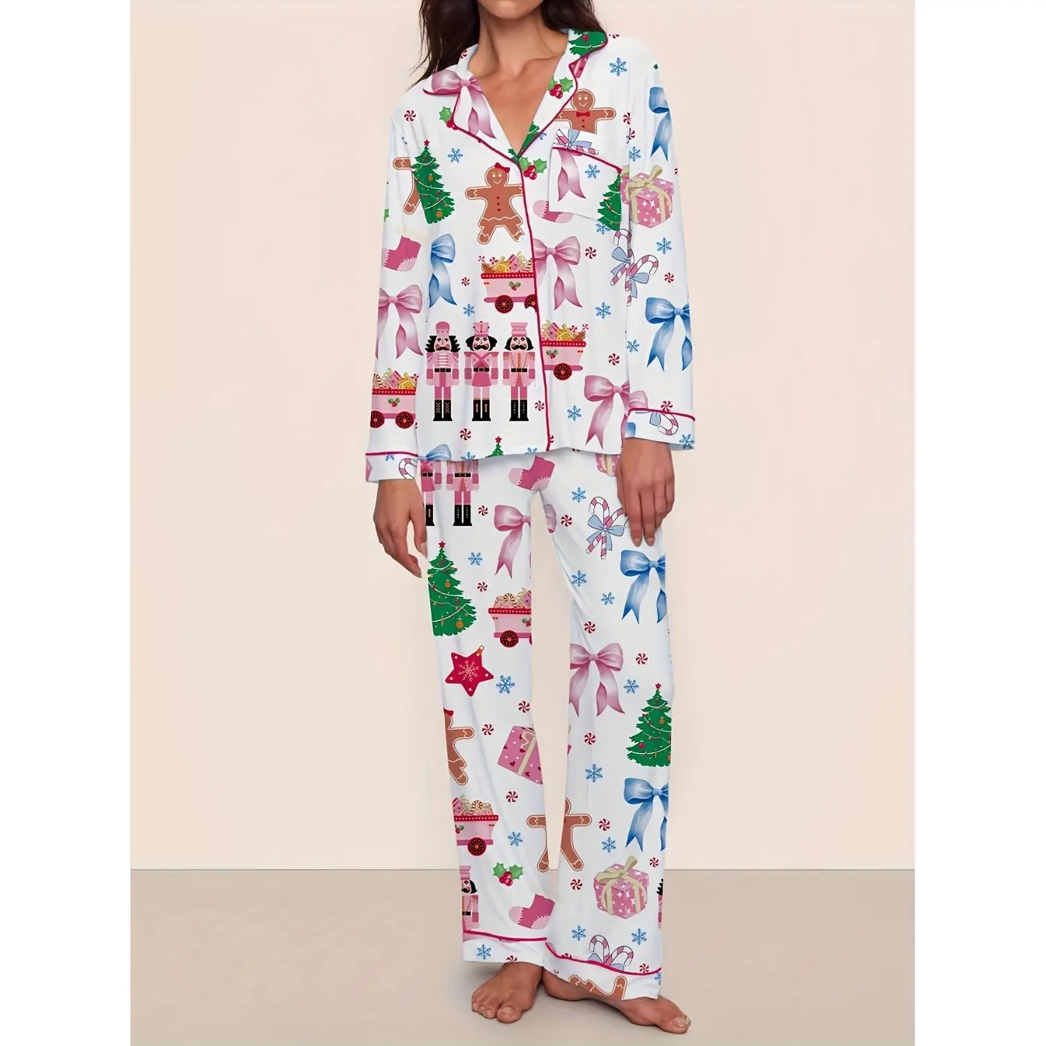 Women's Nutcracker Christmas Tree Bow Print Collared Sleepwear Two-Piece Set - Long Sleeve Shirt + Long Pant, Ideal for Holiday Parties & Gifting