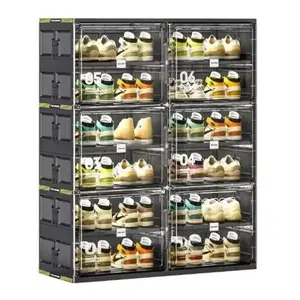6 Tiers 24 Pairs Hard Plastic Shoe Storage Cabinet Large Stackable Foldable Sneaker Organizer with Doors Black S01580003